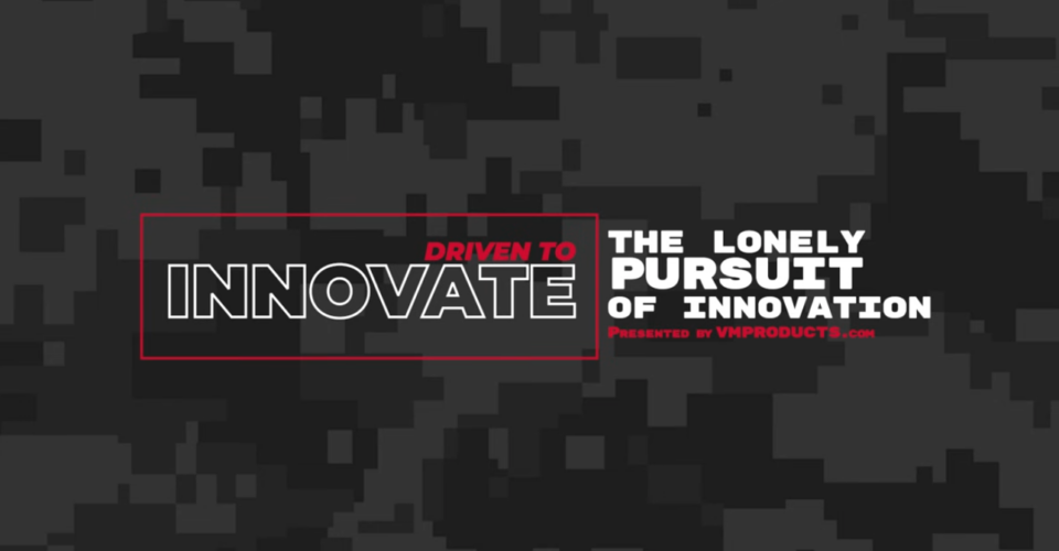 Text graphic with digital camouflage background reads: "Driven to Innovate. The Lonely Pursuit of Innovation. Introducing MOSQUITOCON™: VM Products® Reveals Latest Innovation. Presented by VMProducts.com".
