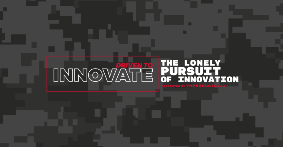 Text graphic with a pixelated grey and black background reads: "Driven to Innovate. The Lonely Pursuit of Innovation." Introducing MOSQUITOCON™: VM Products® reveals the latest innovation. Presented by VMProducts.com.
