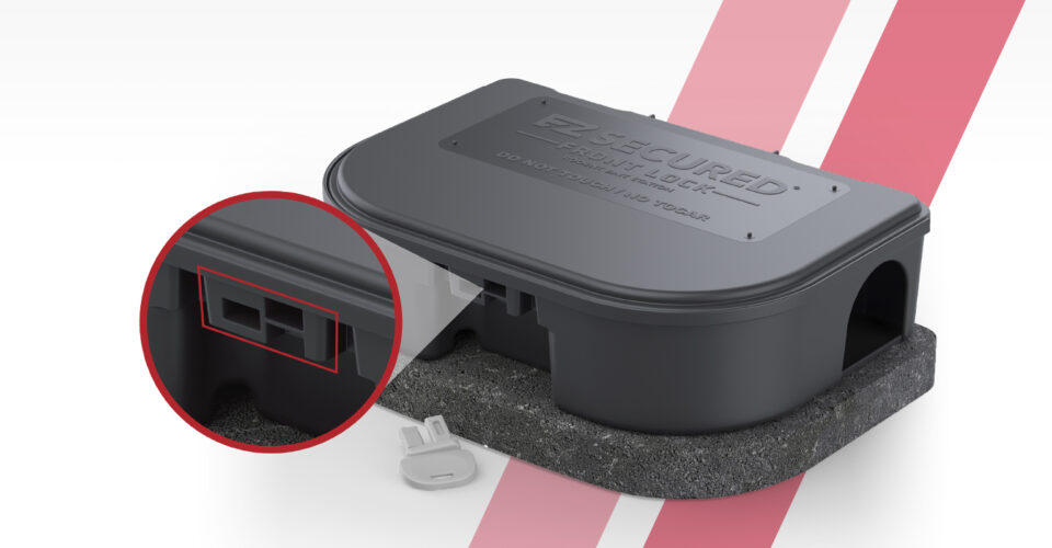 Introducing MOSQUITOCON™: VM Products® reveals its latest innovation—a black rectangular lockbox with a side entry hole sits on a foam base; a close-up shows two internal compartments. A small key is placed in front.