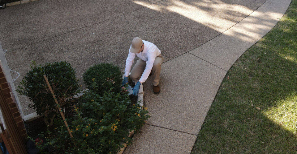 A person wearing a hat and long sleeves picks up gardening tools next to bushes beside a curved concrete driveway, while introducing MOSQUITOCON™: VM Products® reveals their latest innovation for outdoor care.
